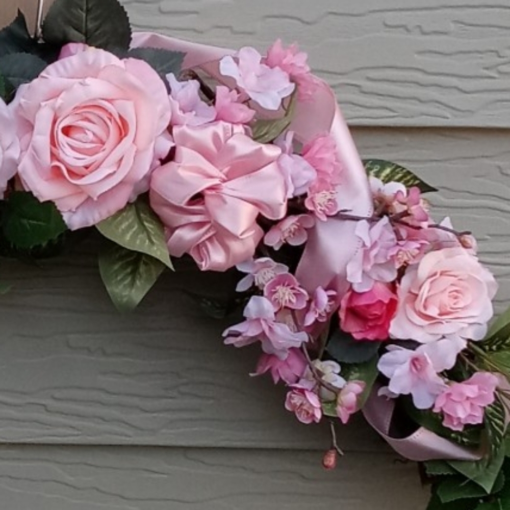 Handcrafted Floral Swag Wreath Rose Ribbon Greenery Wall Door Hanging - Picture 5 of 6